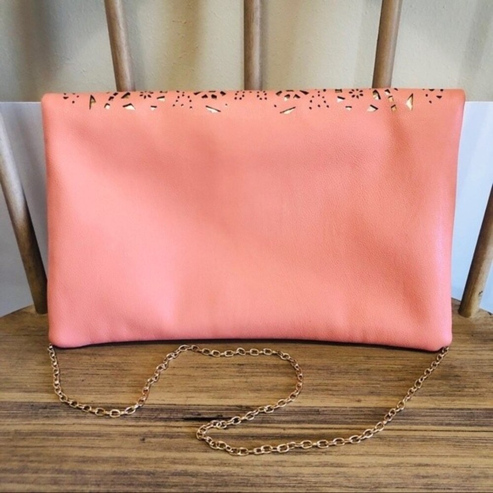 Salmon Fold Over Clutch/Crossbody Bag with Gold Laser Cutouts - Picture 5 of 9